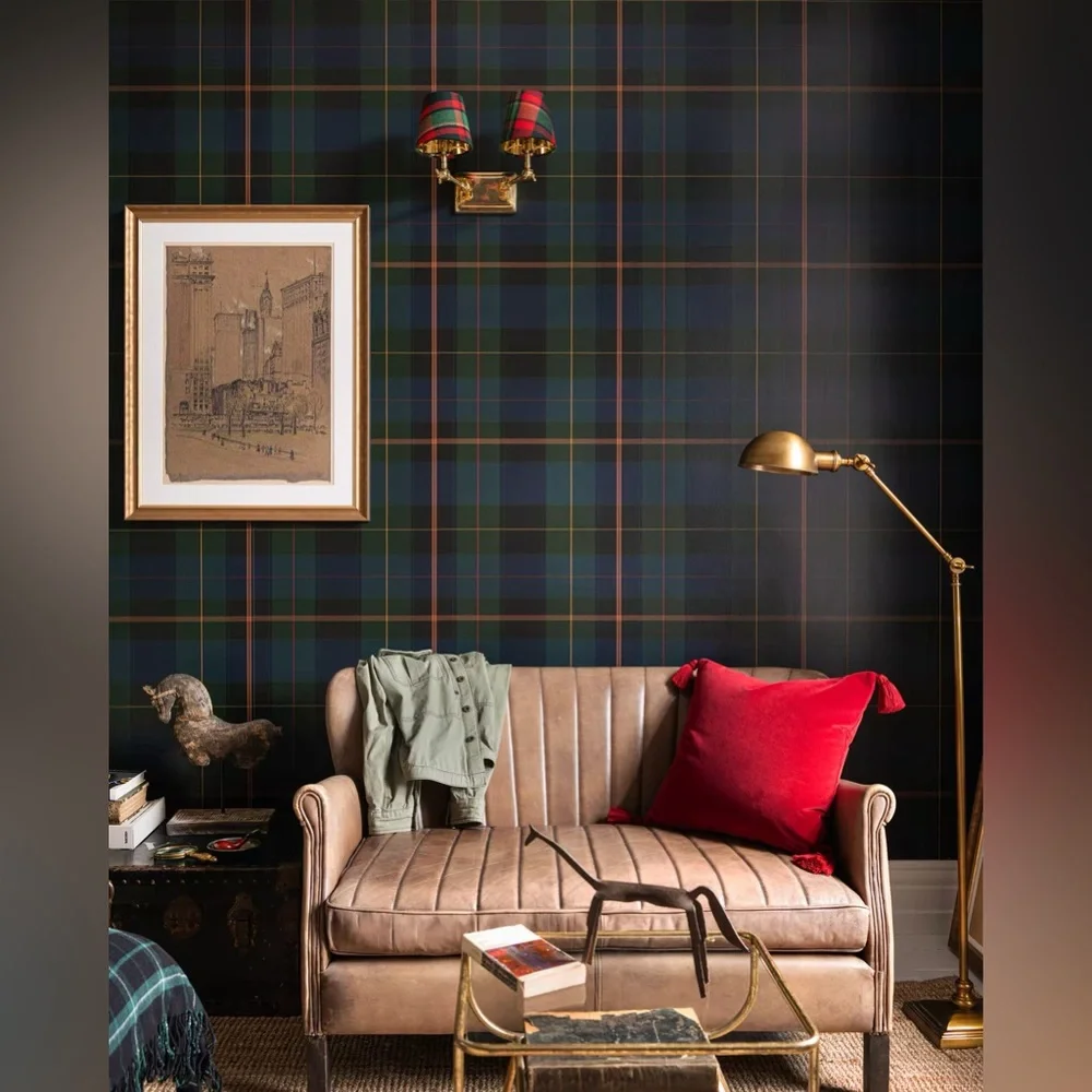 New Anthropologie x MINDTHEGAP Equestrian Plaid Green Wallpaper Wall Art Mural